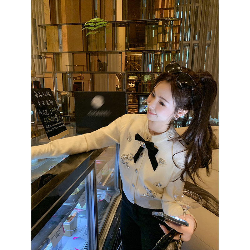 春季新款丝绒蝴蝶结亮片针织衫女