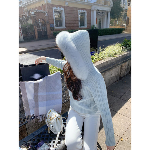 狐狸毛领毛衣开衫女冬季短款外套