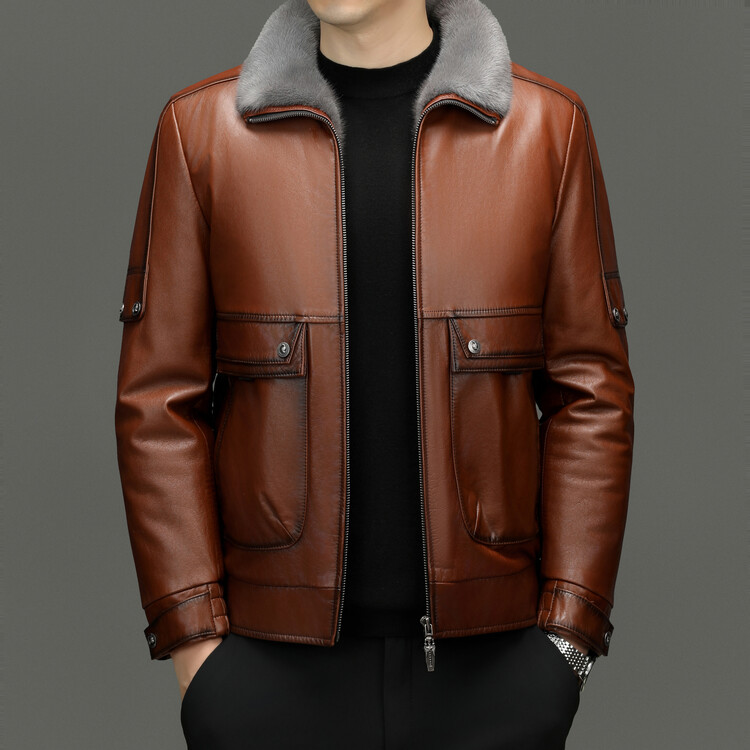 头层牛皮短款真皮皮衣加厚高端保暖水貂内胆皮毛一体海宁男皮外套