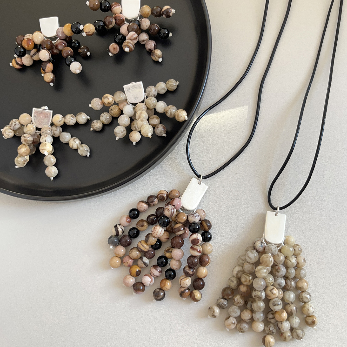 菩提石流苏串珠吊长项链耳环套装