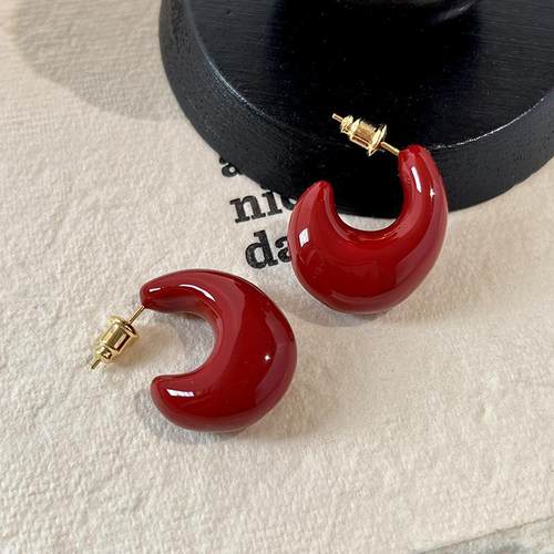 安哥拉红胖水滴珐琅耳环C圈