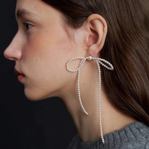 小众气质珍珠串珠蝴蝶结流苏耳环