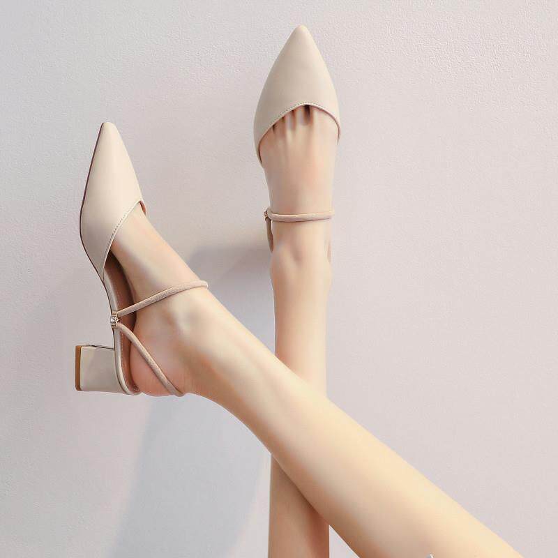 2026夏季尖头粗跟法式小高跟凉拖中跟百搭淑女半拖温柔配裙子凉鞋