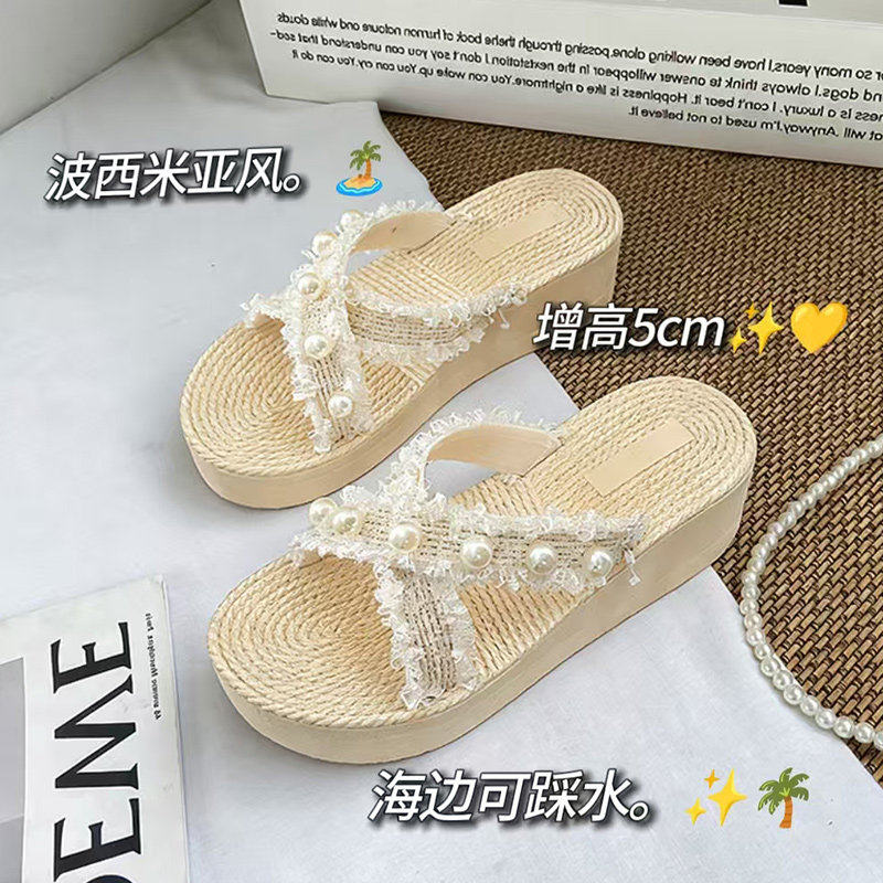 5cm厚底蕾丝珍珠拖鞋女ins夏季外穿显高可湿水海岛沙滩度假凉拖鞋
