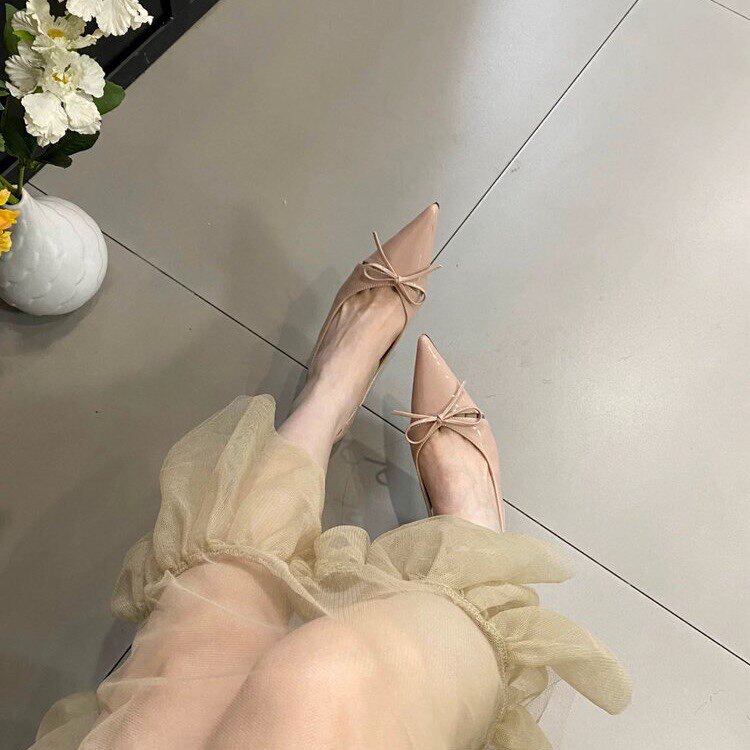 尖头浅口配裙子包头凉鞋细跟小众设计感高跟鞋蝴蝶结后拌带女单鞋