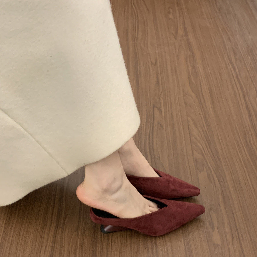绒面复古包头半拖鞋女外