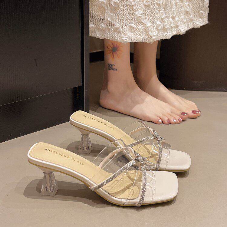 透明拖鞋女水钻外穿一字