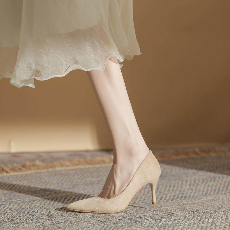 高跟鞋女细跟2026年新款绒面法式尖头性感裸色单鞋职业3CM工作鞋
