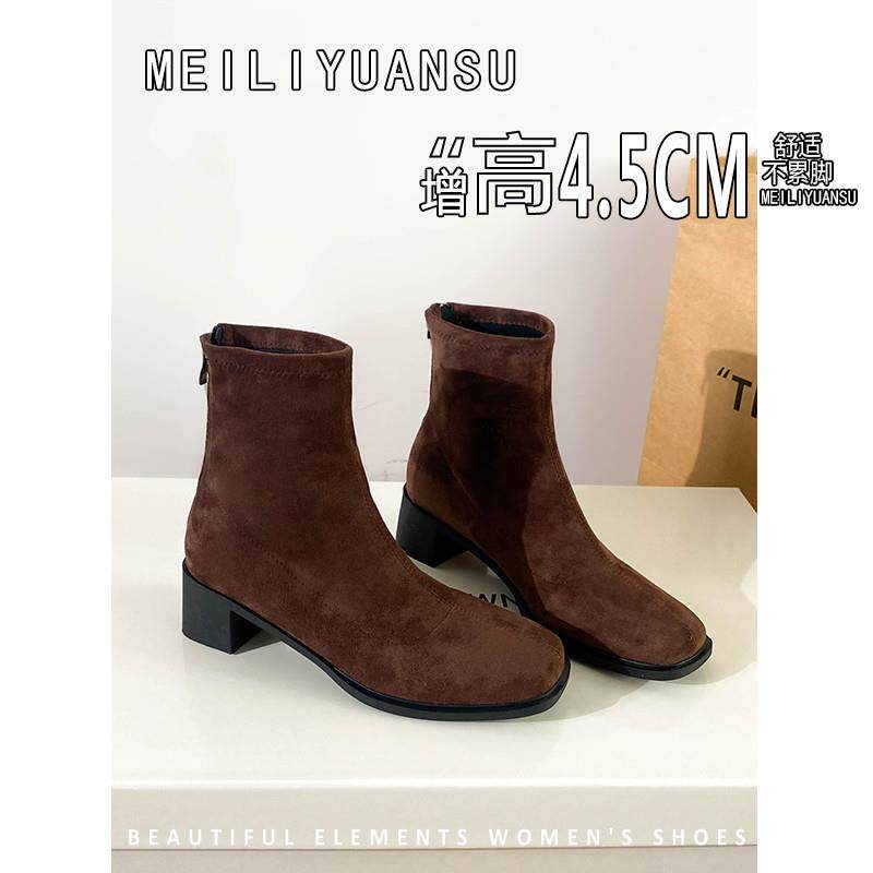羊皮版绒面瘦瘦短靴女2025秋冬韩版方头中跟真皮复古弹力马丁靴子