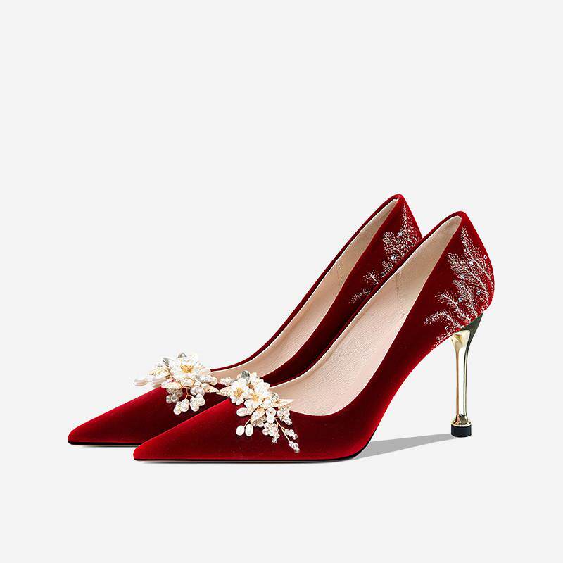 红色高跟鞋婚鞋新娘鞋女2022结婚秋冬新款中式秀禾服结婚鞋不累脚