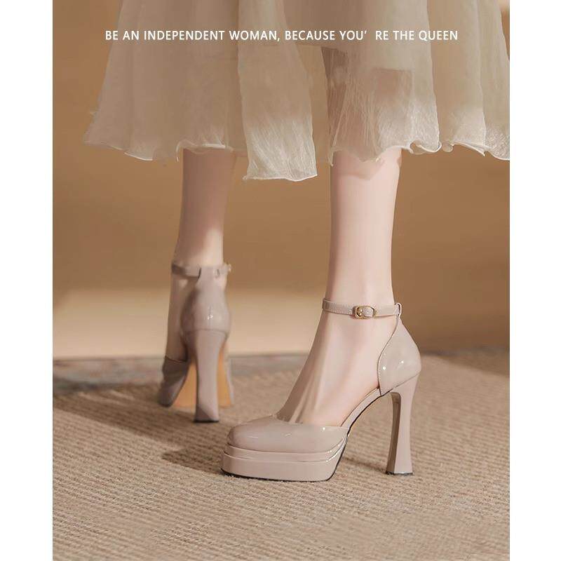 防水台高跟鞋女2026新款一字扣漆皮粗跟单鞋不累脚11cm裸色玛丽珍