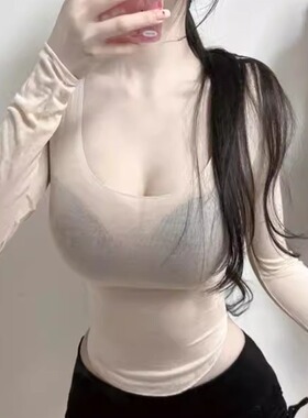 秋冬性感薄款微透低U领修身短款T恤女韩系气质温柔长袖打底衫上衣