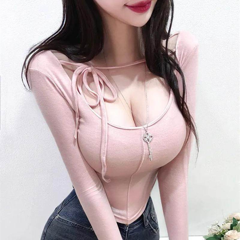 纯欲辣妹大u领显胸系带短款长袖t恤女御姐显身材弧形露脐打底上衣