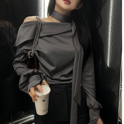 高级感缎面斜肩锁骨长袖衬衫T恤