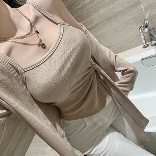 纯欲套装 T恤女时尚 日常两件套 开衫 韩系性感温柔风绑带背心女长袖