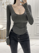 内搭不规则短款 打底衫 紧身上衣 T恤女2024春秋修身 纯欲性感U领长袖