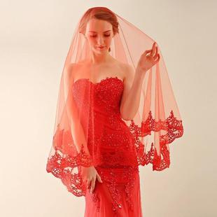 新款新娘秀禾服红盖头网纱蕾丝花边指长式红色头纱婚纱礼服配件