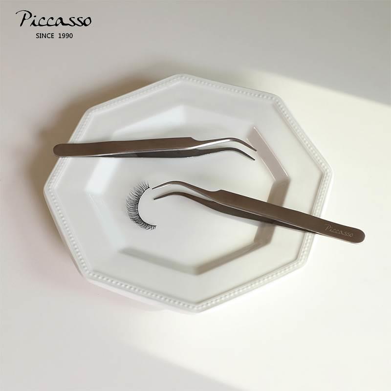韩国Piccasso不锈钢弯头假睫毛镊子轻巧抓握精准夹取紧密贴合曲线
