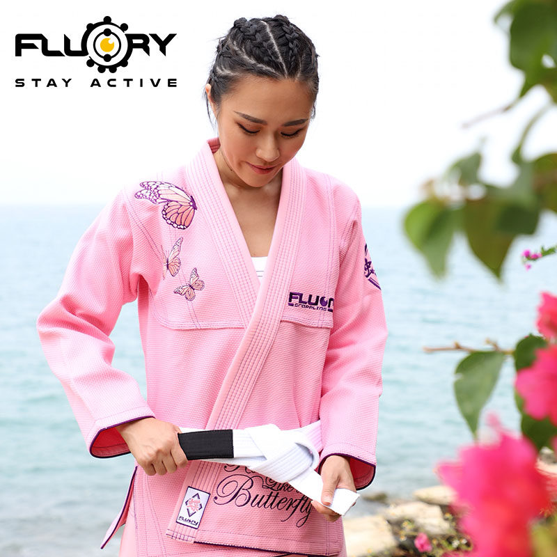 fluory火垒巴西柔术道服女蝴蝶刺绣bjj gi柔道服专业柔术服粉色