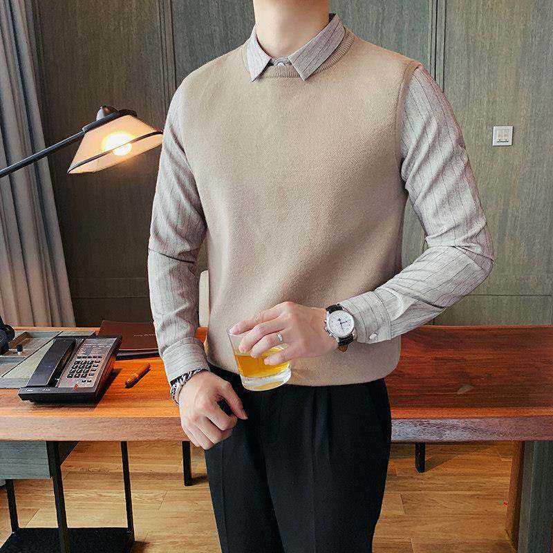 高端轻奢男士假两件毛衣春秋款2025新款加绒加厚秋季衬衫领针织衫,男装,时尚防晒服,淘宝优惠券,粉丝福利购,淘宝优惠卷