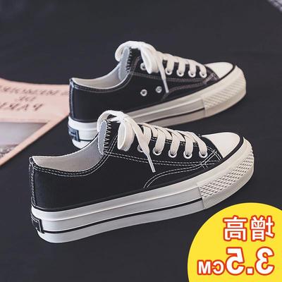 厚底帆布鞋女2023夏季新款平底低帮小白鞋学生百搭休闲黑色布鞋子