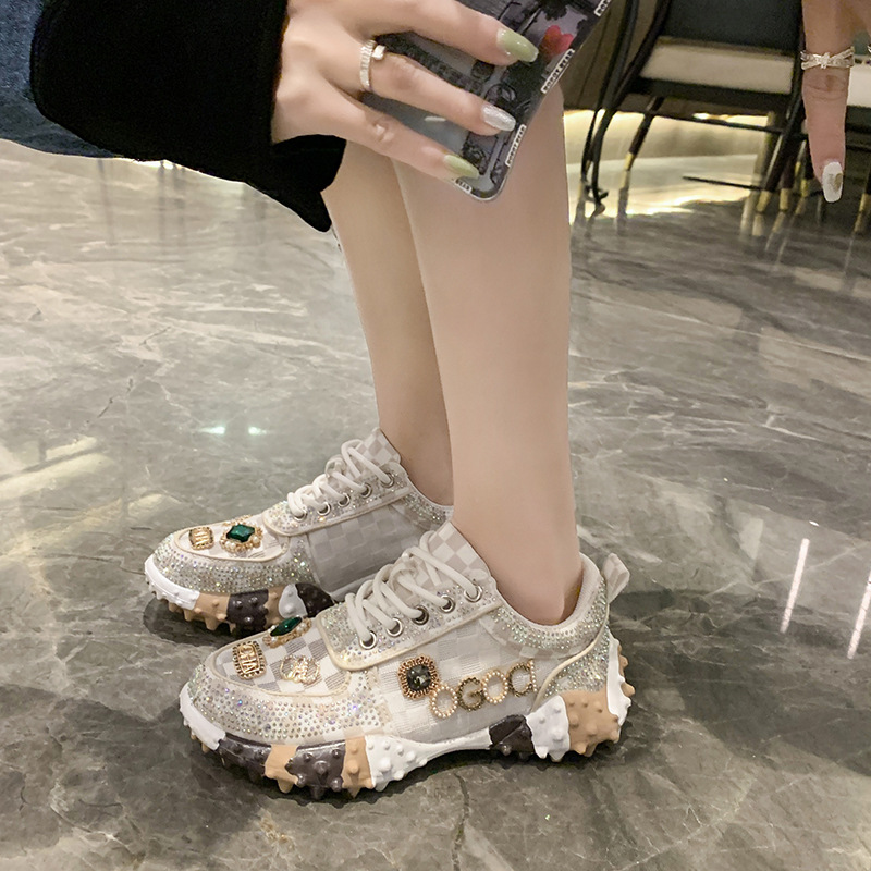 V-ACTRESS 心动的声音~重工满钻复古拼色绿粉杏老爹鞋厚底时尚