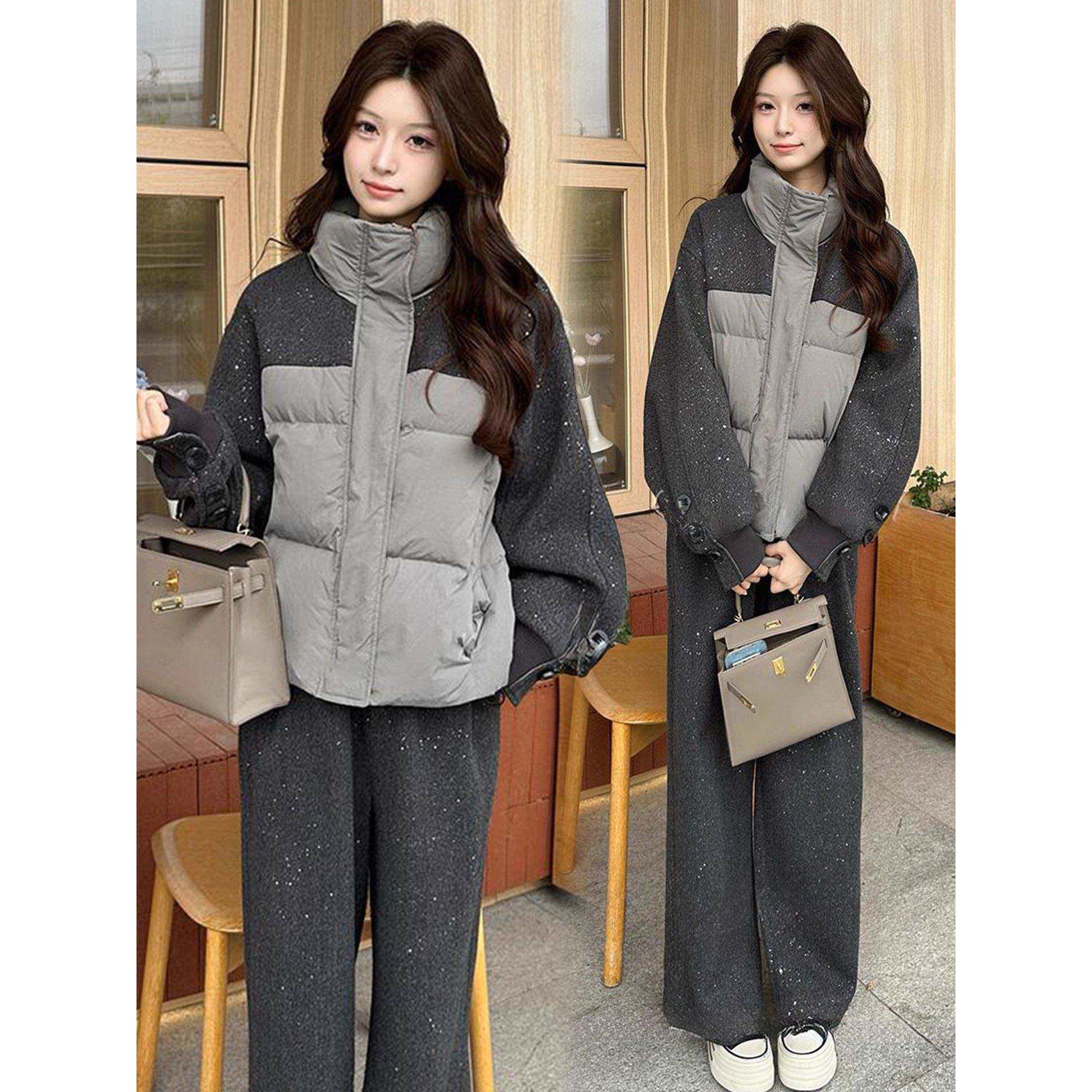 香港代购时尚套装女秋冬新款亮片毛呢拼接棉服阔腿裤气质两件套潮