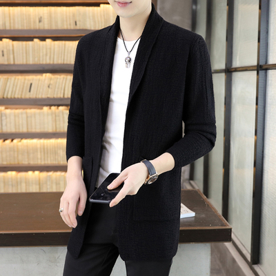 香港春秋季新款男士修身针织开衫毛衣外套中长版风衣韩版翻领披风