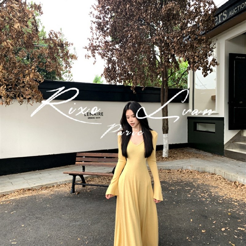 Rixo Lvan气质V领长袖针织连衣裙女2025年春季性感收腰修身长裙子