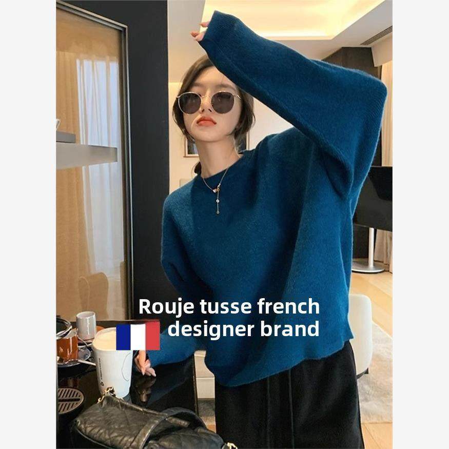 Rouje tusse克莱因蓝羊毛针织打底衫女秋冬慵懒宽松圆领羊绒毛衣