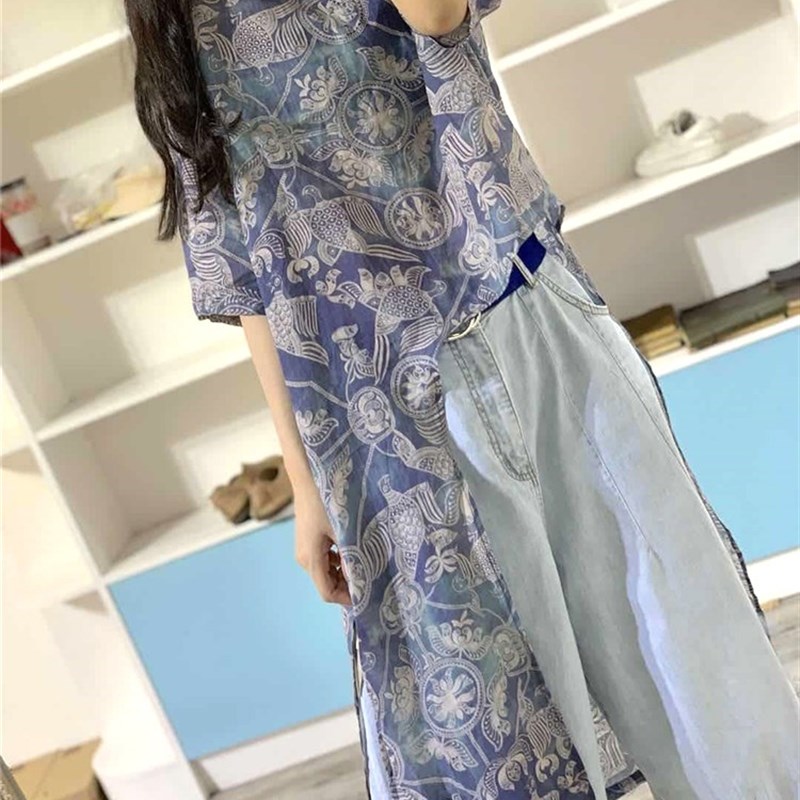 棉麻印花衬衫女2023夏季新款宽松大码中长款前短后长亚麻衬衣上衣