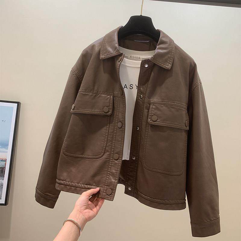 韩国春秋新款咖色短款洋气皮衣外套女宽松休闲小个子机车夹克上衣