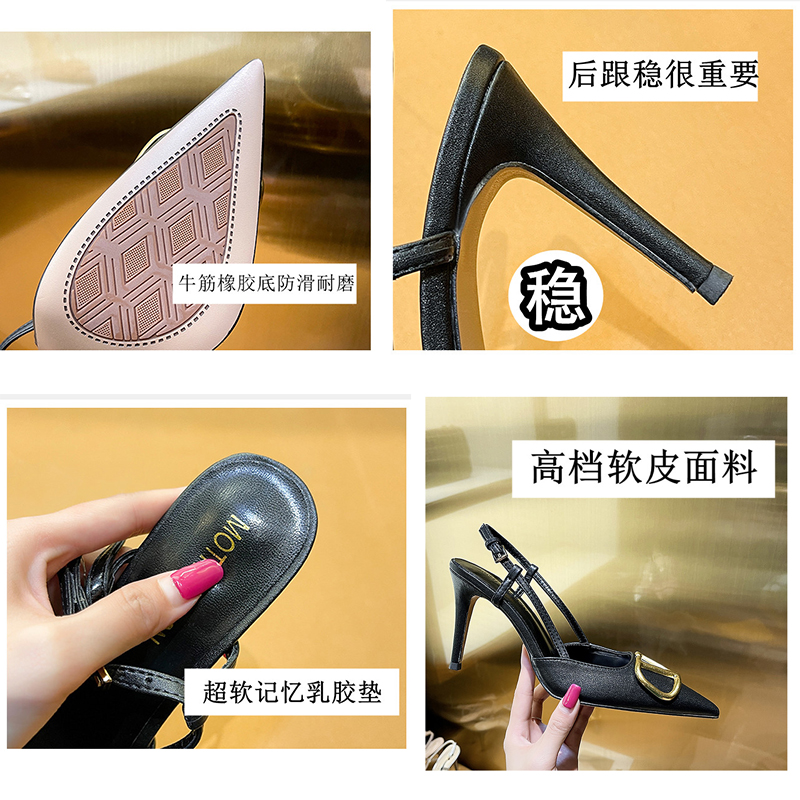 银色高跟鞋细跟女夏2023新款尖头水钻单鞋后空V字扣包头凉鞋网红