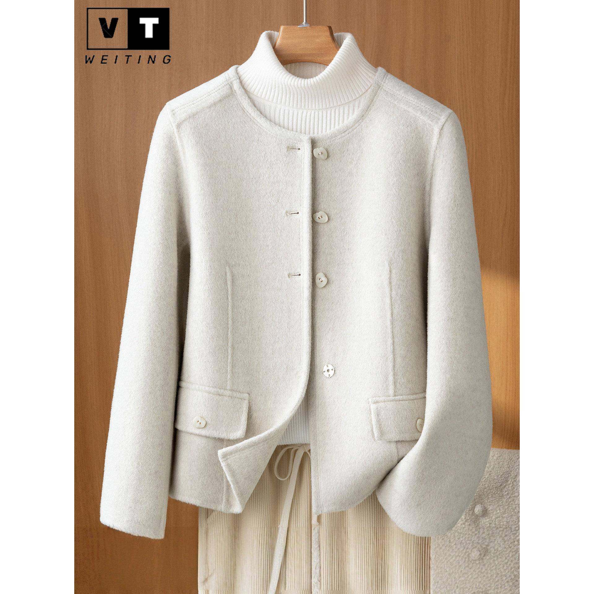 WEI TING小个子双面羊绒短款大衣女秋冬宽松轻奢小香风羊毛呢外套