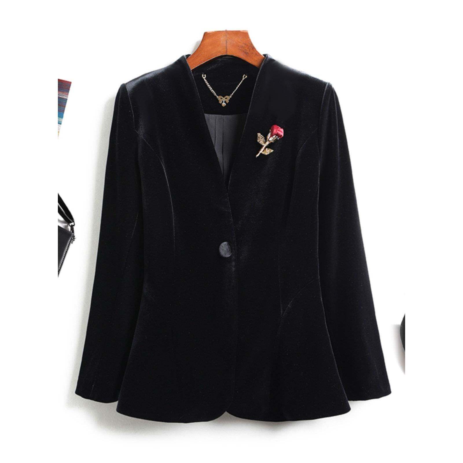 韩国高级感玫瑰胸针修身显瘦金丝绒黑色西装女小西服外套2025秋冬