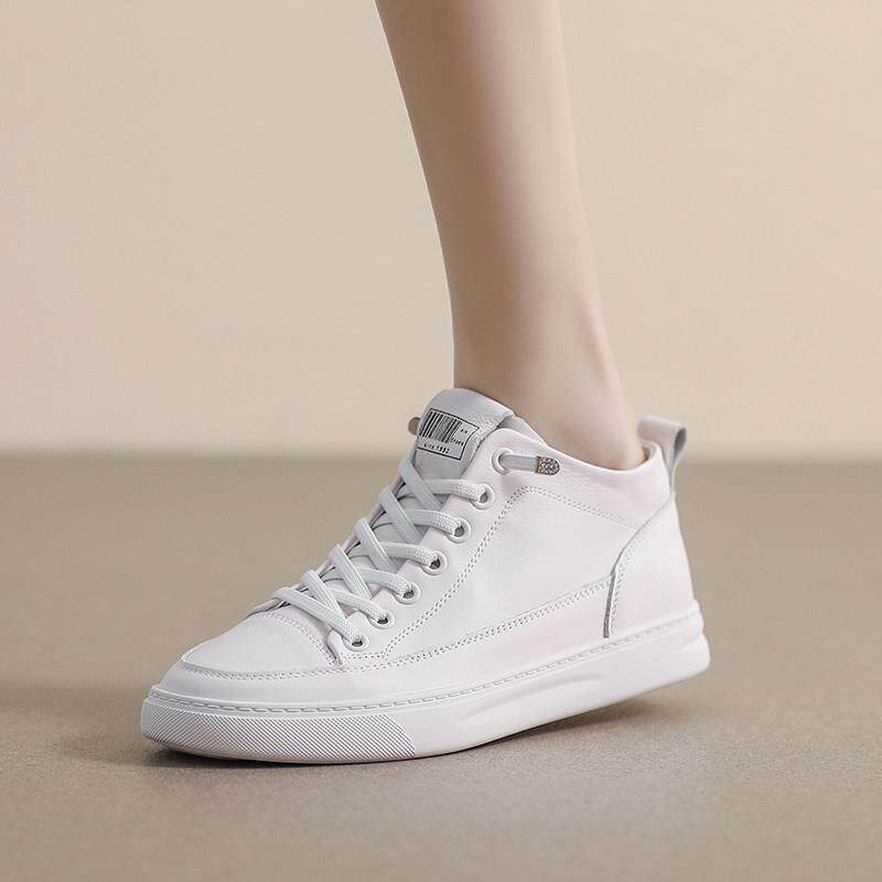 港风轻奢新款~真皮高帮小白鞋女2024秋冬厚底内增高百搭休闲板鞋