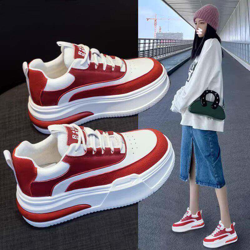 红色超火内增高小白鞋女春秋2026年新款百搭休闲真皮厚底运动板鞋