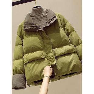 2025冬装新款加厚立领短款拼色羽绒服女宽松面包服白鸭绒保暖外套