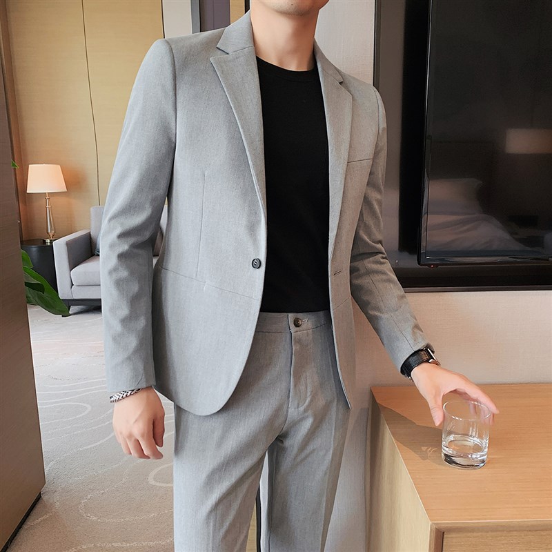 新款纯色休闲西装外套男士薄款潮修身帅气免烫商务正装小西服套装