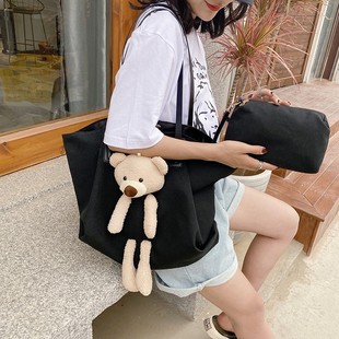 潮大容量單肩包網紅可愛小熊包學生帆布大包包女包 歐洲站2021新款
