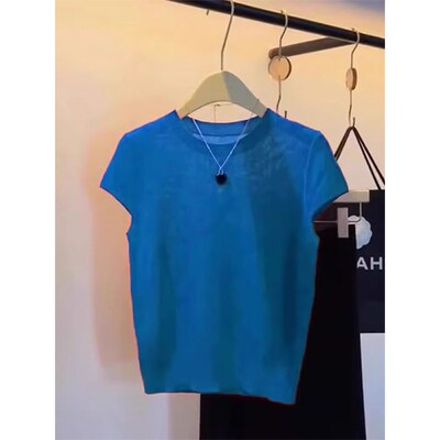 法式小香风蓝色冰丝1/4吋套筒扳手袖短袖t恤女秋冬设计感小众修身