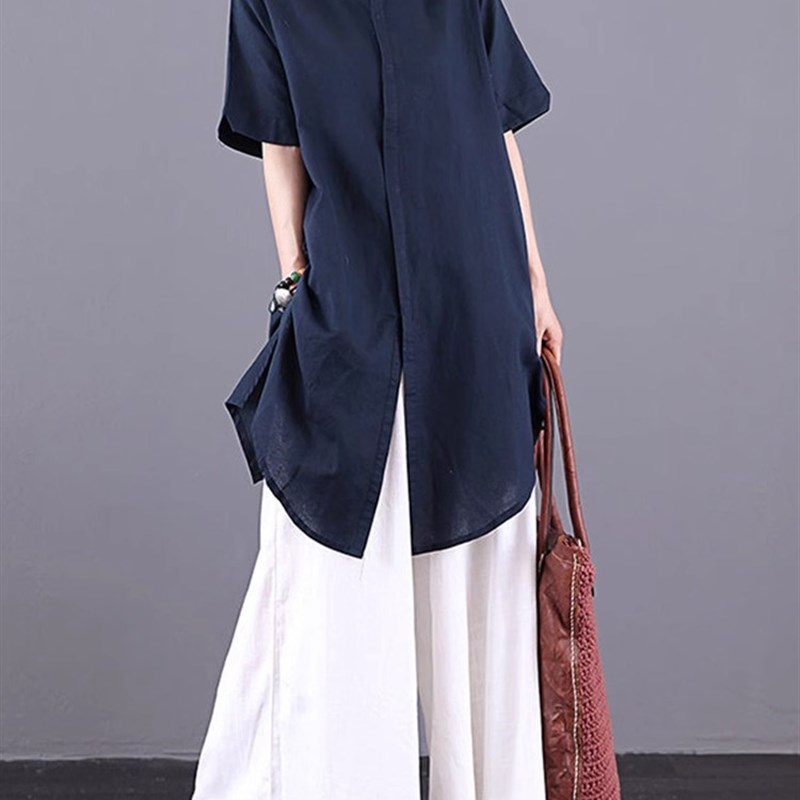 夏季棉麻套装女2025新款休闲时尚中长款衬衣九分亚麻阔腿裤两件套