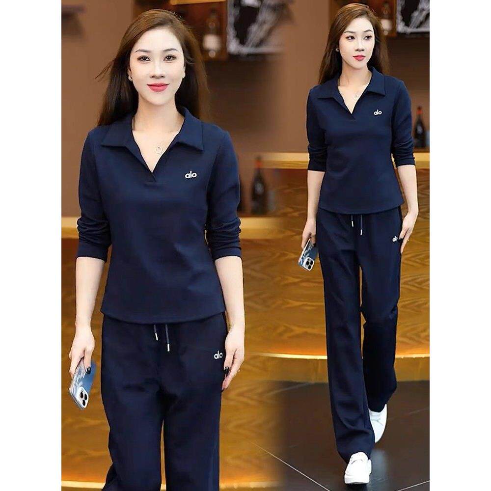 香港代购休闲运动服套装女2025秋季新款长袖翻领上衣阔腿裤两件套