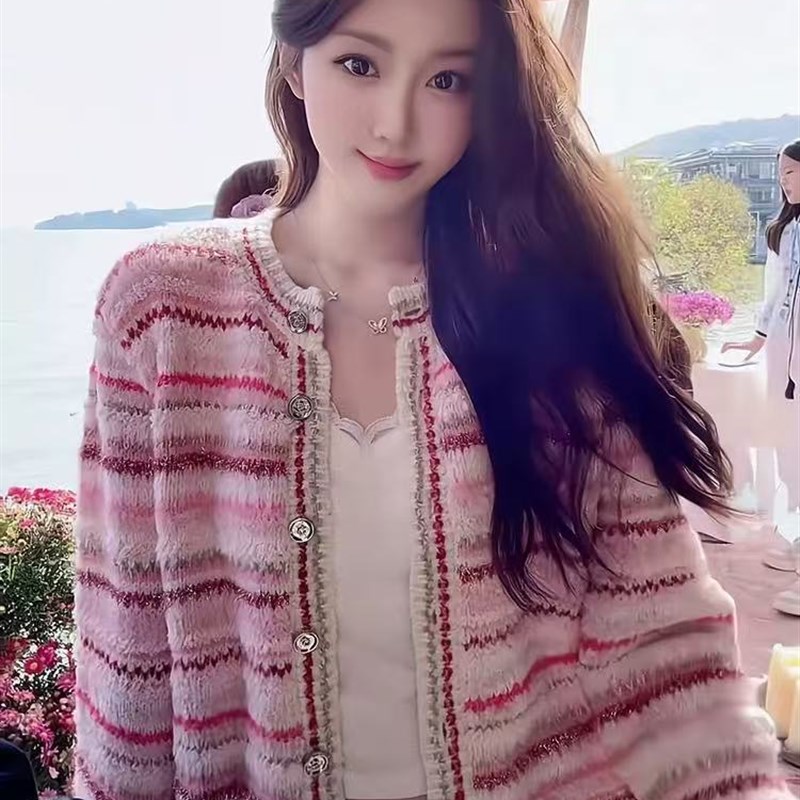 ROUJE ESVIP粉色小香风针织衫外套女秋冬气质温柔风条纹毛衣开衫