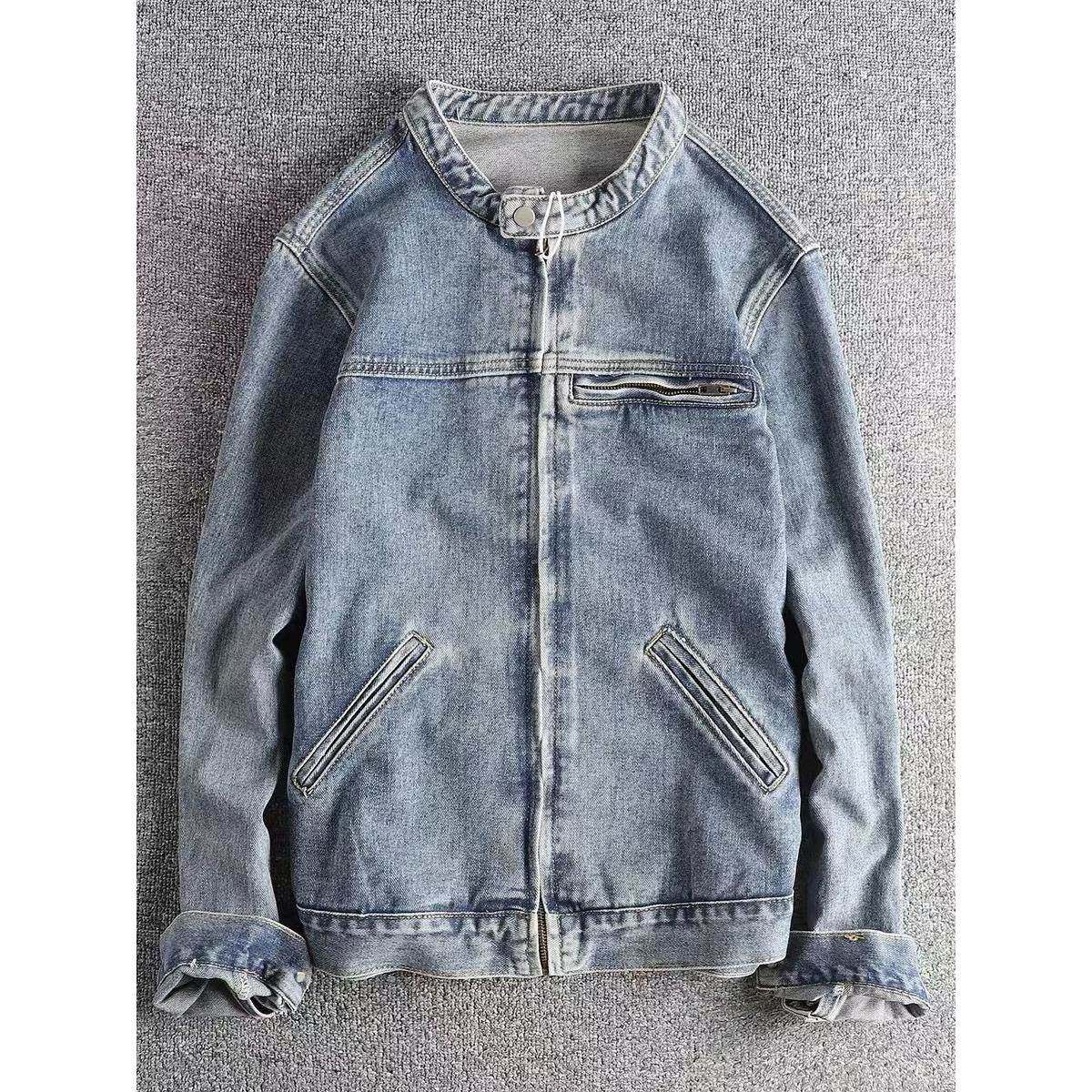 代购香港潮男秋冬美式水洗拉炼口袋做旧覆古立领牛仔男士夹克外套