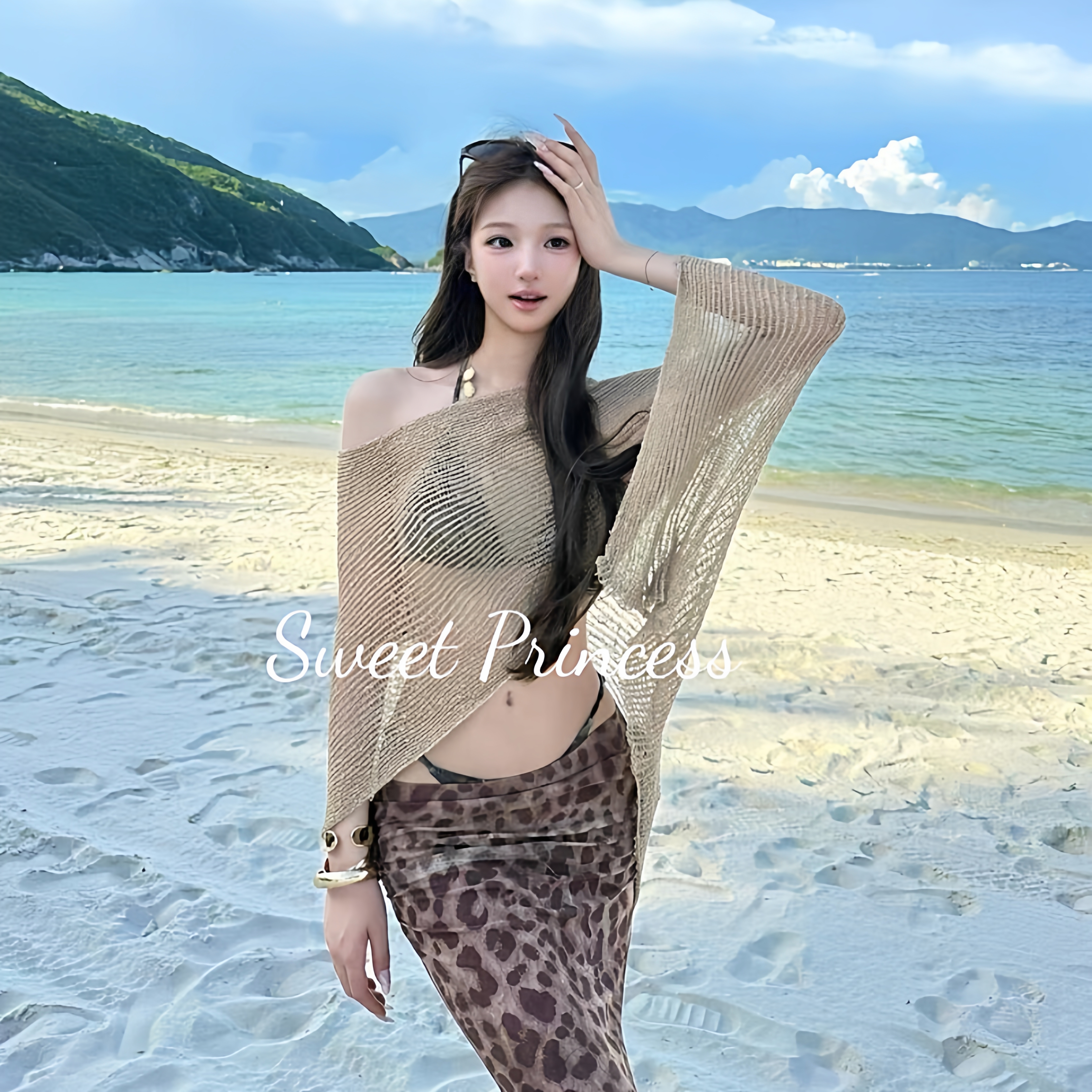 「夏日针织」欧美金色针织镂空罩衫上衣挂脖披肩蕾丝沙滩裙度风