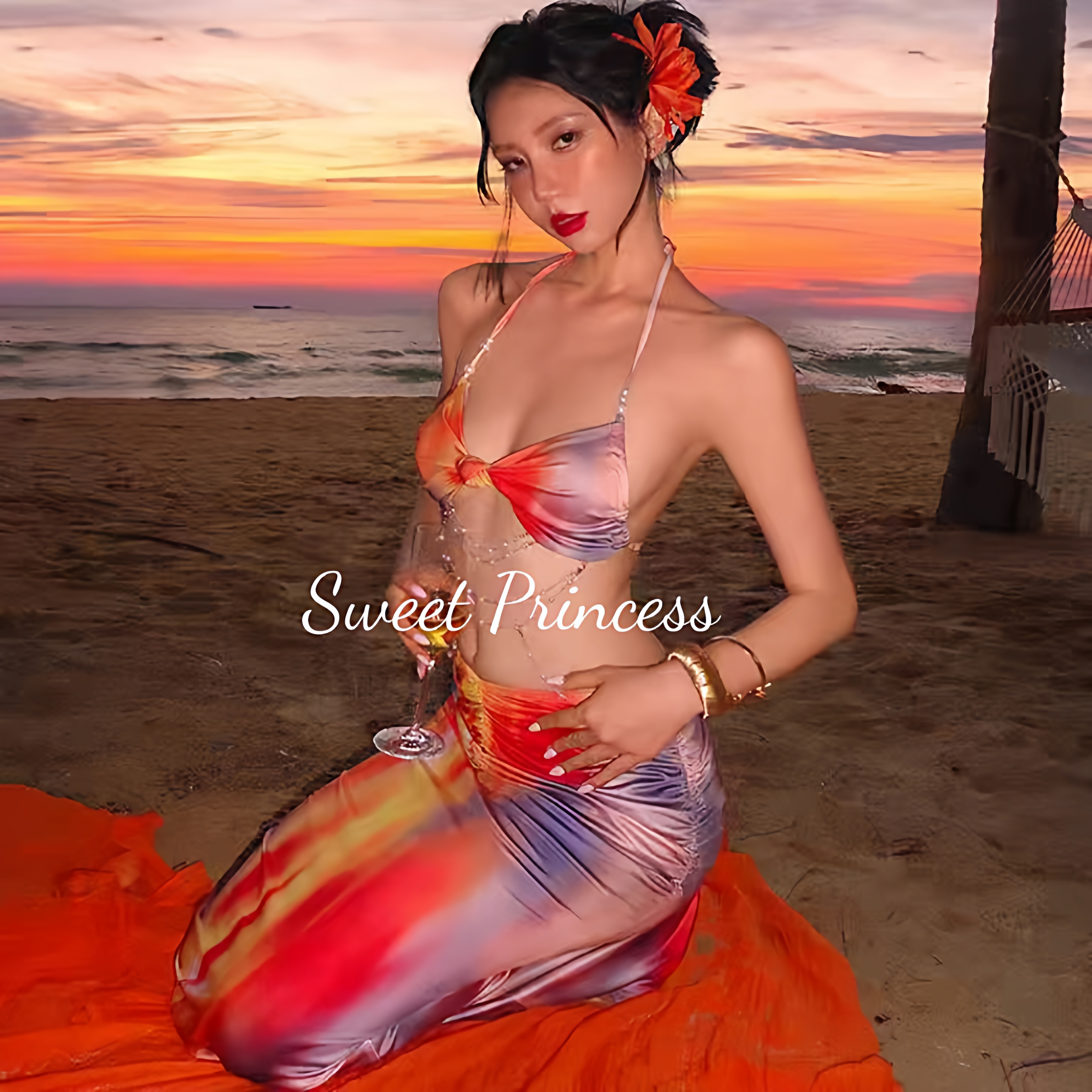 「烈焰红唇」海岛商店落日度假性感晕染挂脖包臀长款修身连衣裙