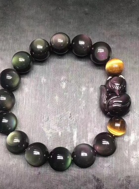 天然黑曜石双彩眼手链女转运招花招财手串男