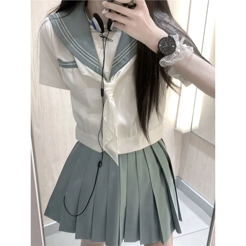 水手服薄荷绿色jk制服套装高腰百褶半身裙甜美日系短款衬衫两件套
