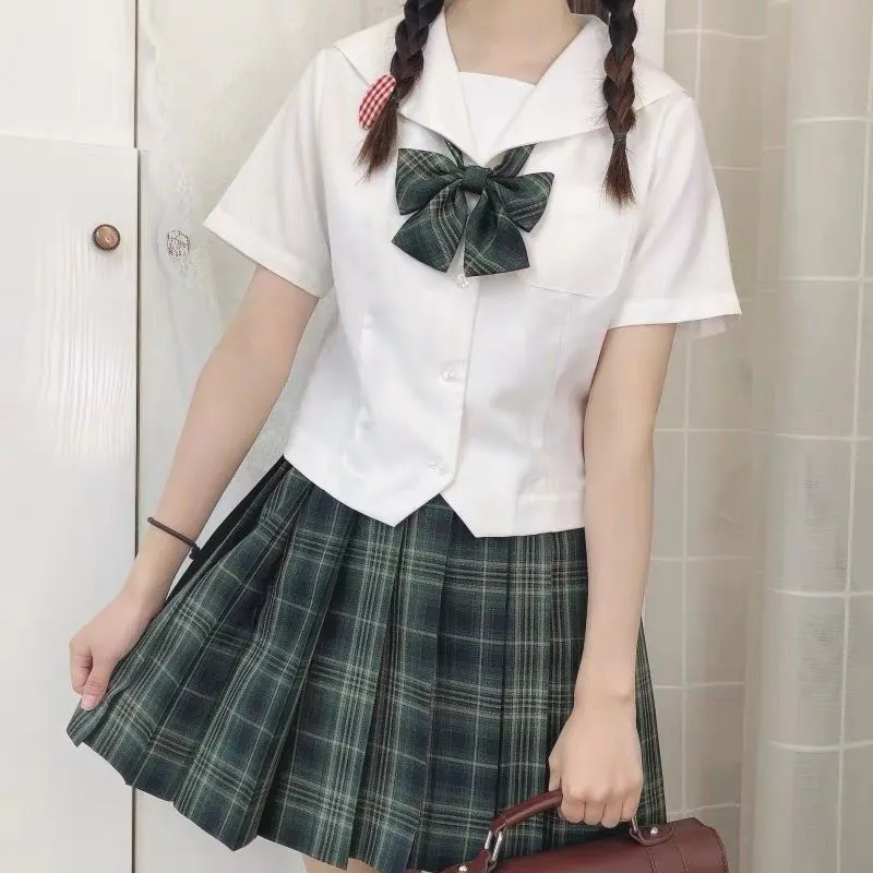 原创日系正统白无本关东襟jk制服短袖衬衫百褶格裙水手服套装